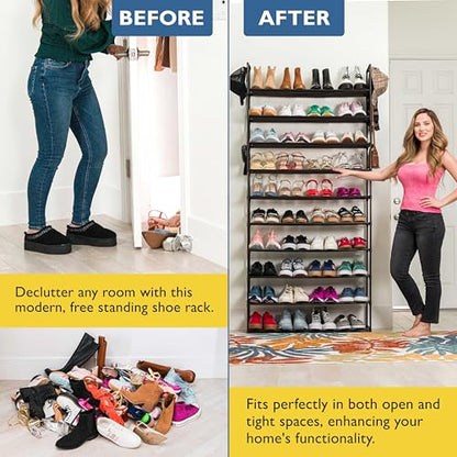 Sundaze Shoe Rack - 10 Tier Shoe Rack for Front Door Entrance, Sturdy Tall Shoe Organizer for Closet, Bedroom, Entryway, Garage, Non Woven Fabric Shelf, Black, Holds Up to 50 Pairs - size: 10 Tier (34.3" W)