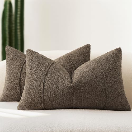 YCOLL Textured Boucle Throw Pillow Covers 12x20 Pack of 2 - Soft Neutral Striped Cushion Covers, Cozy Accent Decorative Pillow Covers for Couch, Sofa, Bed, Living Room (Brown) - color: Brown, size: 20" x 12" (Pack of 2)