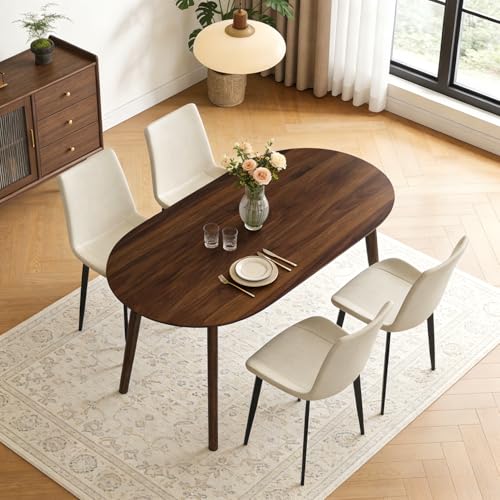 63" Oval Dining Table Set for 4 with Solid Wood Legs | 5 Piece Walnut Dining Table Set for Kitchen and Dining Room Furniture, 4 PU Beige Dining Chairs, Mid Century Modern - color: Walnut Table Beige Chairs