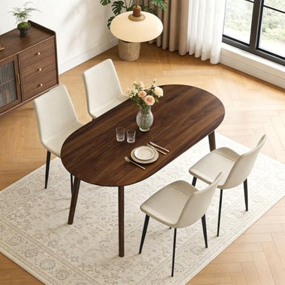 63" Oval Dining Table Set for 4 with Solid Wood Legs | 5 Piece Walnut Dining Table Set for Kitchen and Dining Room Furniture, 4 PU Beige Dining Chairs, Mid Century Modern - color: Walnut Table Beige Chairs