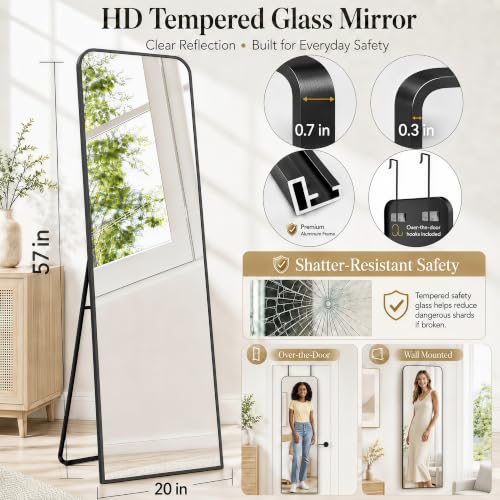 57x20" Full Length Mirror Floor Stand,Over the Door,Wall Mounted Black | HD Crystal Clear Tempered Glass,Aluminum Frame,Full Body Dressing Make-Up Mirrors Rect Hang for Bedroom,Bathroom,Living Room - color: Black, size: 57"L x 20"W