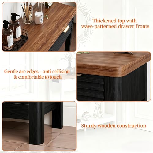 Fluted 47.2" Console Table with Outlets and USB C, Narrow Entryway Table with 3 Drawers, Modern Wood Sofa Table Behind Couch for Living Room, Black & Walnut - color: Entryway Table-black