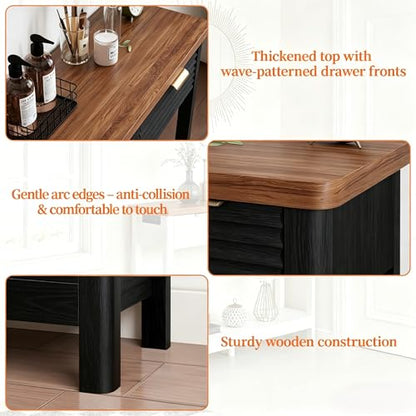 Fluted 47.2" Console Table with Outlets and USB C, Narrow Entryway Table with 3 Drawers, Modern Wood Sofa Table Behind Couch for Living Room, Black & Walnut - color: Entryway Table-black
