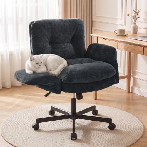 FiveWillowise Cross Legged Office Chair with Flip-up Arms&Low Back,Blue | Criss Cross Chair With Thicken Wide Seat,Lounge Makeup Vanity Chairs with Side Pockets,Comfy Home Office Desk Chair,Chenille - color: Blue