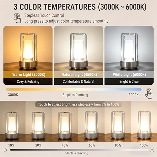 Rechargeable Crystal Table Lamp, 3-Color Touch LED, Silver | Silver metal crystal lantern, 3-color touch dimming, USB-C rechargeable, compact 7.1 in accent light for patio table - style: silvery-1