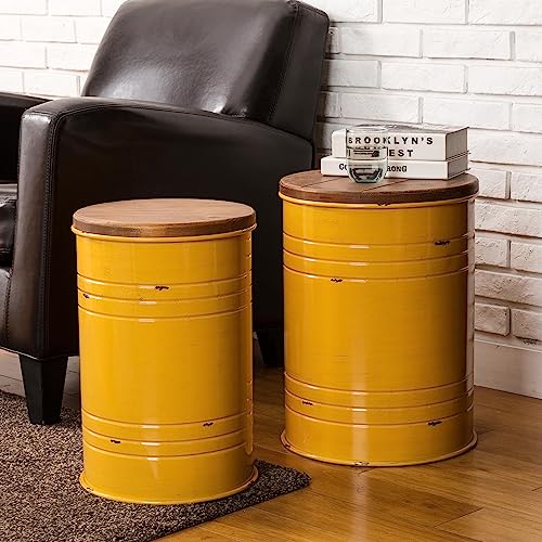 Glitzhome Rustic End Table Set of 2, Farmhouse Galvanized Metal Barrel Ottoman Storage Stool with Round Wood Lid for Living Room Furniture, Yellow - color: Yellow