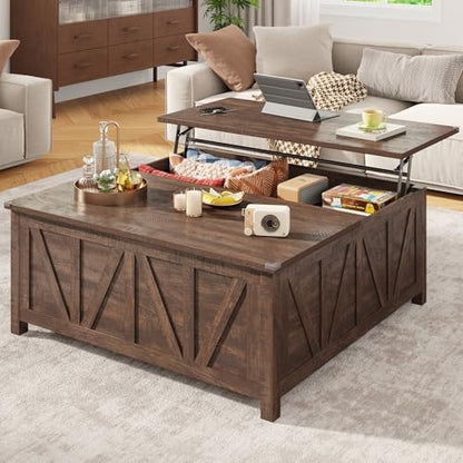 chartustriable 43.3“ Lift Top Coffee Table with Storage, Farmhouse Coffee Table with Large Hidden Storage Compartment and Shelves，Square Center Tables for Living Room, Tea Table Dark Brown - color: Brown