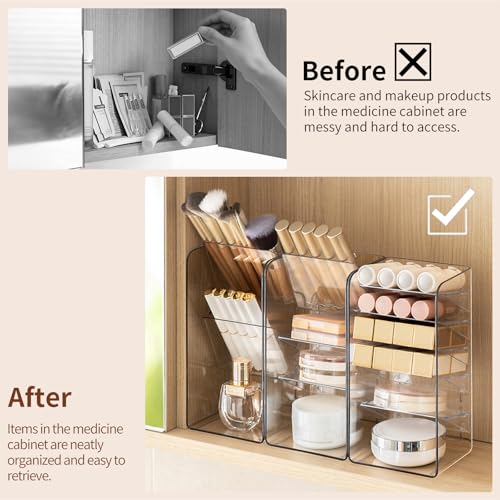 PAVSTINE 3-Pack Medicine Cabinet Organizer, Clear Open Storage Compartment with Adjustable Dividers, for Lip Oil/Lip Pencil/Eye Shadow Palette/Foundation Storage - size: 2-Tier & 3-Tier & 5-Tier Slant Set