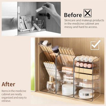 PAVSTINE 2-Pack Medicine Cabinet Organizer with Adjustable Dividers, Clear Vertical Layered Backward Slanting Shelves, Space-Saving, for Makeup Brush/Lip Gloss/Mascara Storage - size: 2-Tier & 5-Tier Slant Set