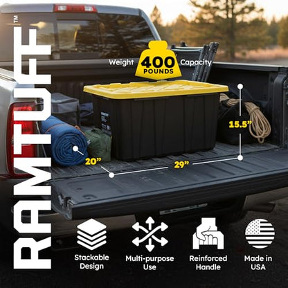 4 Pack Heavy Duty Stackable Storage Container with Snap-Tight Lid, Resistant To Weather Organization Tote, 27 Gallon, Black and Yellow - size: 4 pcs
