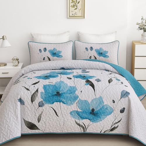 Mybedsoul Floral Quilt Set Queen Size, 3 Pieces Teal Bedspread Coverlet Set, Lightweight Farmhouse Botanical Bedding Set for Fall Winter All Season(96"x90") - color: Teal, size: Queen96"x90"
