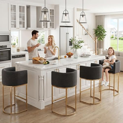 HNY Modern Barrel Counter Height Bar Stools Set of 2, 29 Inch Charcoal Linen Kitchen Barstools with Back for Island, with Gold Metal Tubular Frame - color: 29inch Charcoal,gold Base