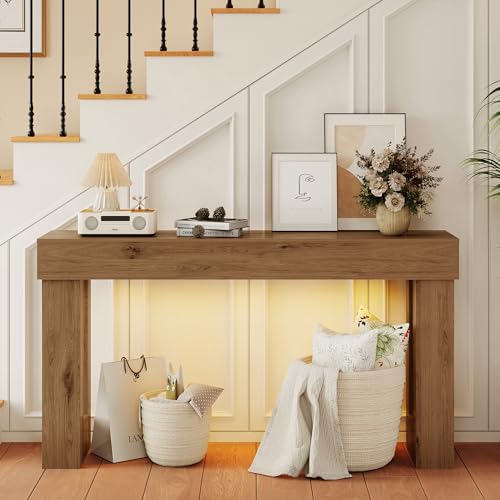 Apicizon 63" Long Console Table for Entryway with LED Light, Farmhouse Wooden Sofa Table Behind Couch, Narrow Entry Way Table for Living Room, Hallway, Entrance, Foyer, Brown - color: Light Brown
