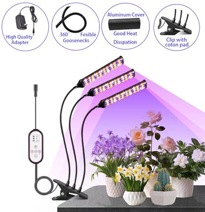 LED Plant Grow Light for Indoor Plants, 315 LEDs Sunlight Full Spectrum Plant Lamp with Timer, 10 Dimmable Levels 3 Head Plant Light Auto ON/Off Growing Light for Seeds Starting - size: 150LEDs