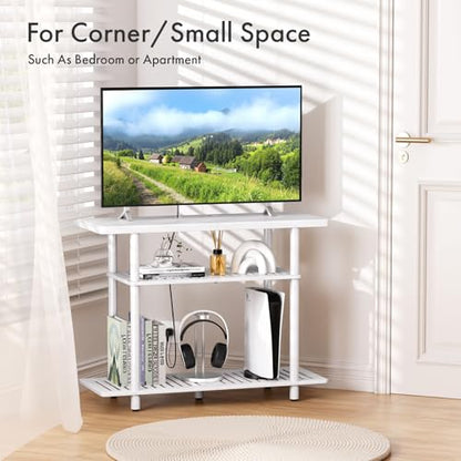 Bamboo TV Stand, Small TV Stands for up to 32 Inch, 3-Tier Console Table with Storage, Sturdy Entertainment Center TV Shelf, Entryway Table for Bedroom Small Space, White - color: White