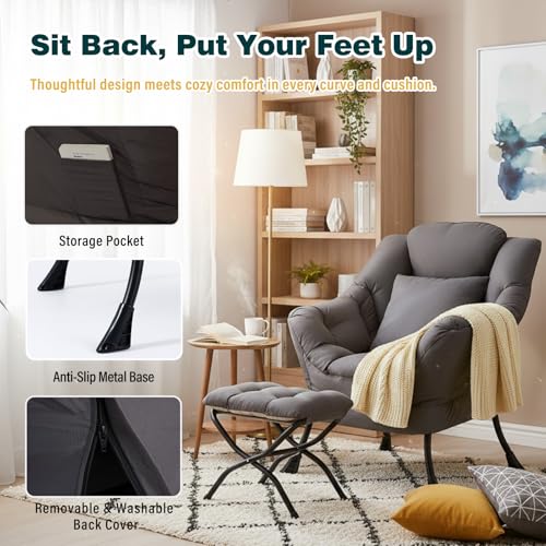 Lazy Chair with Ottoman, Comfy Reading Chair for Bedroom，Grey | Comfy Bedroom Accent Chair with Washable Removable Cover and extra throw pillow for Living Room Dorm - color: Peach Dark Grey-1