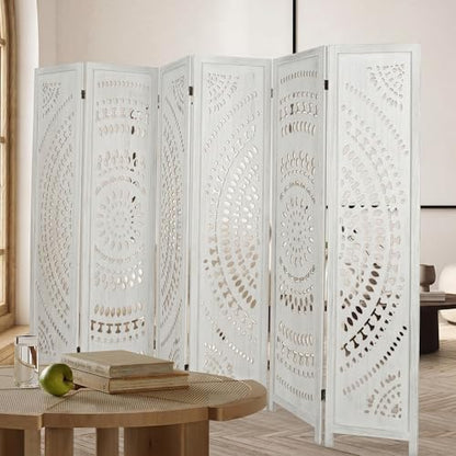 6 Panel White Room Divider, 67 Inch Wood Carved Privacy Screen, Bohemian Style Folding Room Divider, Portable Partition Wall Divider for Room Separation (White)