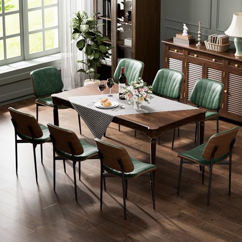YaFiti Mid Century Dining Chairs Set of 2 with Walnut Bentwood, Green | Ergonomic Walnut Backrest, Upholstered Waterproof PU Leather Seat, Stable Metal Legs, Adjustable Footpads, Apartment Friendly - color: Green Scallop