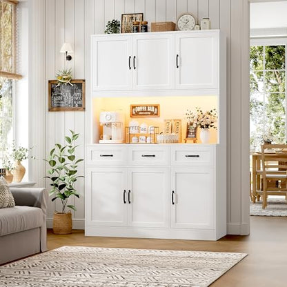 HOSTACK Kitchen Pantry Storage Cabinet, Tall Kitchen Hutch Cabinet, White | 47"W Food Pantry Cabinet with Smart LED / Charging Station / Countertop / 3 Large Drawers, 72"H Storage Hutch, Dining Room - color: White