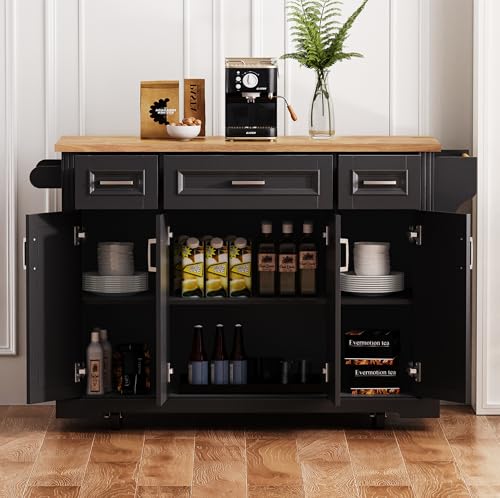 54inch Large Kitchen Island With Rubber Wood Drop Leaf,Embossed Texture Rolling Kitchen Cart On 4 Wheels With 4 Doors And 3 Drawers,Kitchen Island With Storage For Kitchen,Dining Room (Black-0t) - color: Black-0t)