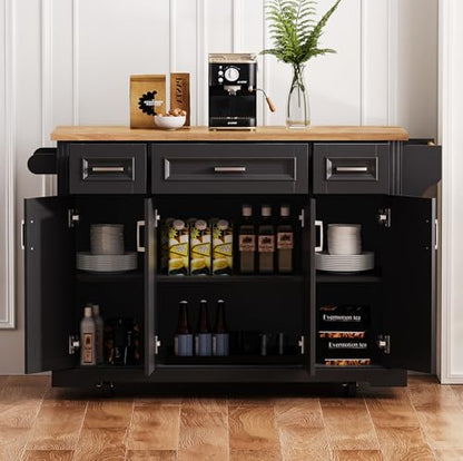 54inch Large Kitchen Island With Rubber Wood Drop Leaf,Embossed Texture Rolling Kitchen Cart On 4 Wheels With 4 Doors And 3 Drawers,Kitchen Island With Storage For Kitchen,Dining Room (Black-0t) - color: Black-0t)