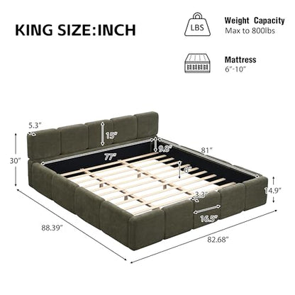 King Size Platform Bed, Boucle Thick Headboard and Footboard, Upholstery Grounded Beds, Block Style, White (Green, King) - color: Green, size: King