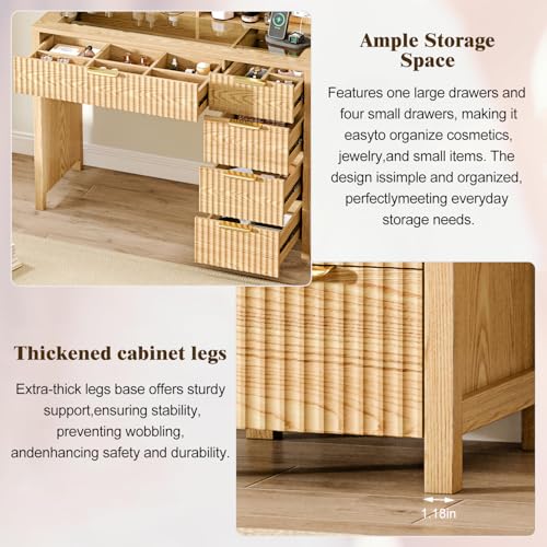Arulvmrn Makeup Vanity Desk with Mirror and Lights, 43.3'' Glass Tabletop Vanity Table with 5 Drawers & Shelves,Big Vanity Set for Bedroom, Oak - color: Oak