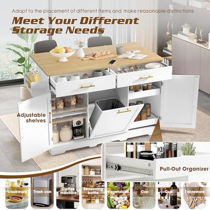 60" Kitchen Island with Power Outlet, Drop Leaf, Trash Can Storage | Rolling Kitchen Island Table Cart Cabinet with Drawer, Mobile Kitchen Cabinet on Wheels w/Spice Rack, Towel Bar, Hooks - color: White, size: 60"