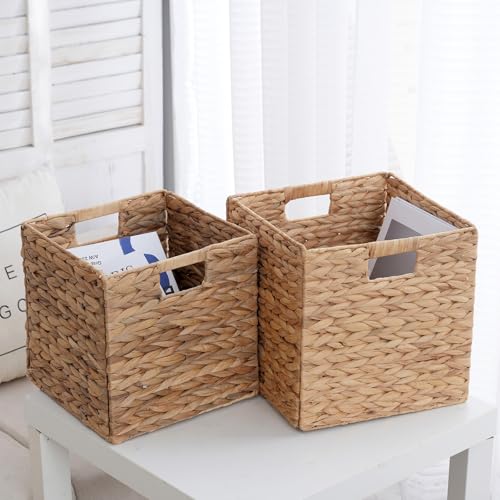 Wicker Storage Cubes, Foldable Storage Bins, 12x12x12 Inch, 2-Pack | 2-pack 12x12x12" foldable water hyacinth wicker cubes; collapsible storage bins for shelves, closets and home organization. - size: 2PC, style: Foldable