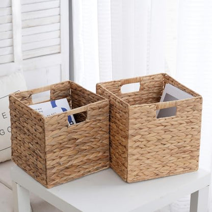 Wicker Storage Cubes, Foldable Storage Bins, 12x12x12 Inch, 2-Pack | 2-pack 12x12x12" foldable water hyacinth wicker cubes; collapsible storage bins for shelves, closets and home organization. - size: 2PC, style: Foldable