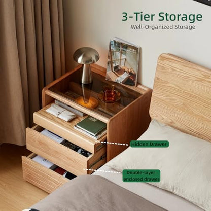 Solid Oak Nightstand with Hidden Drawers, Natural Wood Night Stand with Wheels, Rolling Bedside Table with Glass Tabletop and Open Shelf, Modern Nightstand for Bedroom, Living Room(25.59" H) - color: Natural, size: 1 pc(13.78"D x 19.69"W x 25.59"H )