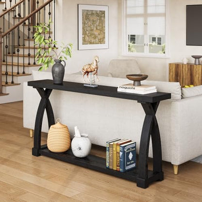 Solid Wood Console Table for Entryway, 63-Inch Narrow Farmhouse Couch Table Behind Sofa with 2-Tier Storage for Entrance, Foyer, Living Room, Long, Black (Black) - color: Black