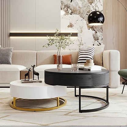 Modern Round Lift-top Nesting Coffee Tables with 2 Drawers for Living Room White & Black - color: White+black