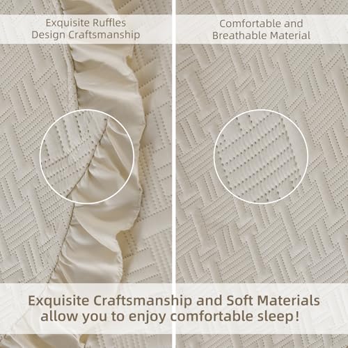 DJY Queen Size Quilt Sets, Lightweight Ruffled Bedding Sets, Beige | Soft Basket Weave Quilted Blanket, Summer Quilt Bed Cover for All Season - 3 Piece (1 Quilt, 2 Pillow Shams) - color: Cream, size: Queen