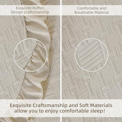 DJY Queen Size Quilt Sets, Lightweight Ruffled Bedding Sets, Beige | Soft Basket Weave Quilted Blanket, Summer Quilt Bed Cover for All Season - 3 Piece (1 Quilt, 2 Pillow Shams) - color: Cream, size: Queen