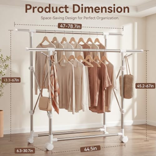 Clothes Drying Rack Foldable,Portable Laundry Collapsible | Folding Stainless Steel Standing Dry Rack for Outdoor Indoor Adjustable Double Rod with Wheels,Space Saving Rolling Dry Rack