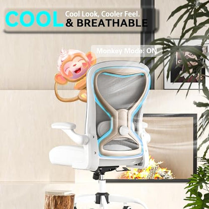 Ergonomic Home Office Chair, 4-Way Lumbar, Thick Cushion, 330LBS | Adjustable Lumbar (up/down/in/out), Rocking Mesh Back, Flip-up Arms, Easy Assembly, Ideal for home offices & small workspaces - color: White+champagne