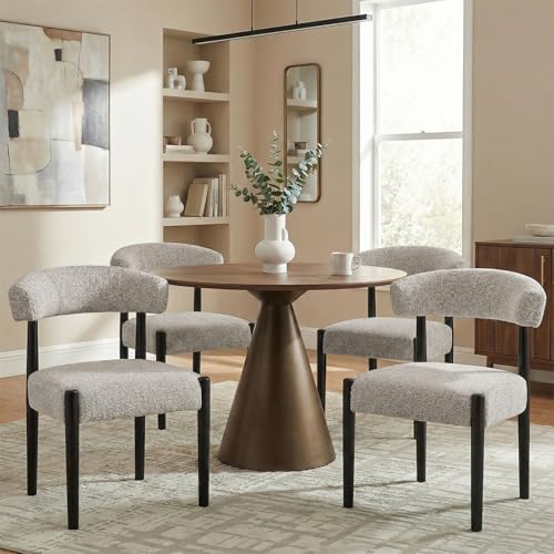 VKNOW Wooden Dining Chairs Set of 4 with Black Wood Legs, Curved Backrest | Modern Upholstered Dining Chairs with Thickened Cushion, Soft Chenille Fabric, for Dining Room/Kitchen, Brown - color: Brown(black Legs), size: Set of 4