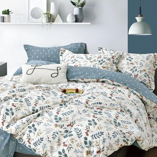 LEMIROE Botanical Cotton Comforter Twin Size - Lake Green Comforter with Dusky Blue & Warm Rust Leaves on Ivory,Reversible Lightweight Bedding Sets 2Pcs(Polka Dot,68"×90") - color: Botanical & Polka Dots - Lake Green, size: Twin/Twin XL(68"×90")