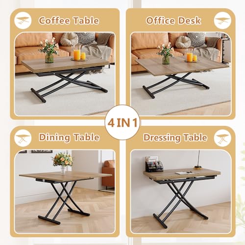 Adjustable Height Coffee Table, Folding Dining Table, Light Wood | Convertible lift top table for use as a coffee table, dining table, home office desk or vanity - color: Light Wood & Black Legs