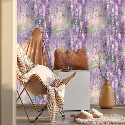 Pink Purple Lavender Flowers Oil Painting Abstract Peel and Stick Wallpaper Contact Paper Vintage Vinyl Stick on Wall Paper for Bedroom Bathroom Kitchen Cabinet Renter Friendly - color: Purple/Pink, size: 17.7" x 236"