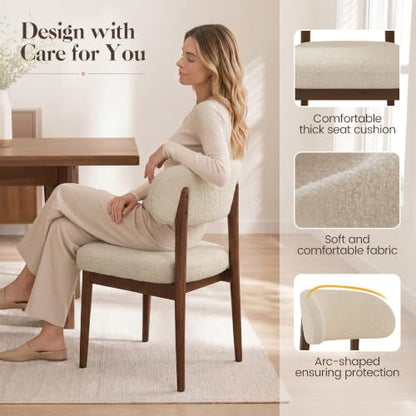 Wooden Dining Room Chairs Set of 2, Modern Upholstered Teddy Fabric Kitchen Chairs with Ergonomic Curved Back, Farmhouse Dining Side Chair with Solid Wood Frame for Kitchen Room, Beige - color: Beige