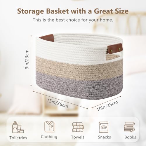 ECDYQXVU 15x10x9 Woven Cotton Rope Storage Basket, Leather Handles 1 Pack | Foldable Design, Sturdy PU Handles, Easy to Clean Organizer for Living Room, Closet, Shelves, Bedroom, Laundry, Clothes - color: Gradient Brown-1 Pack, size: 1 Pack