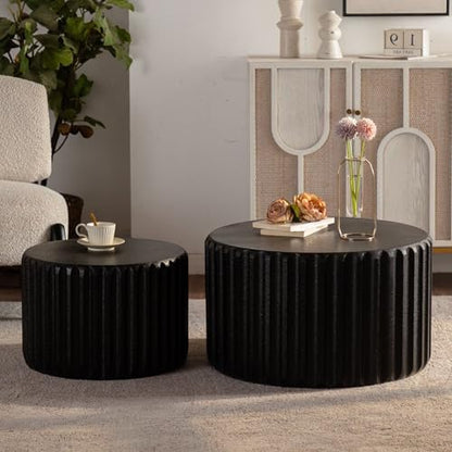 46.46'' White Round Coffee Table Set of 2, Modern Circle Fluted Drum Nesting Elegnant Coffee Table for Living Room, No Assembly, Black - color: M5-46.46in-black