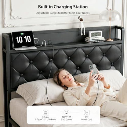 Twin Bed Frame with Button Headboard, PU Leather, All-Metal Support Platform LED Light Strip Twin Bed with Storage and Charge Station, Easy to Install, Stable, Noise-Free (Black) - color: Black