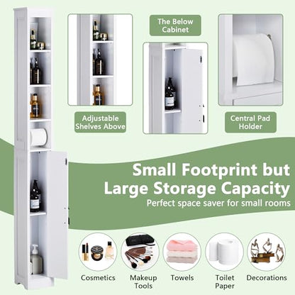 VECELO Tall Narrow Storage Cabinet with Adjustable Shelves, Slim Freestanding Bathroom Cabinet with Toilet Paper Holder, Magnetic Door, for Small Spaces, 7.9" D x 7.9" W x 71" H, Pearl White - color: Shelf Top