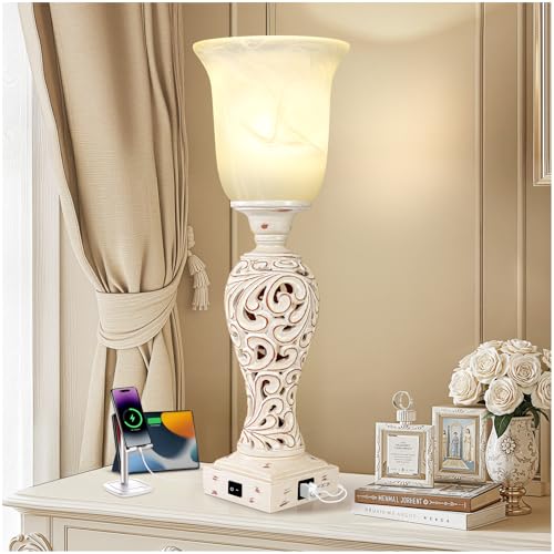 20" Bedside Lamp for Bedroom, 3-Way Dimmable Bulb Include, Washed White | Torchiere Uplight, 2 USB Ports, Vintage Desk Lamp with Glass Shade, Retro Rustic Nightstand Light for Living Room Entryway - color: Cream-1 PCS