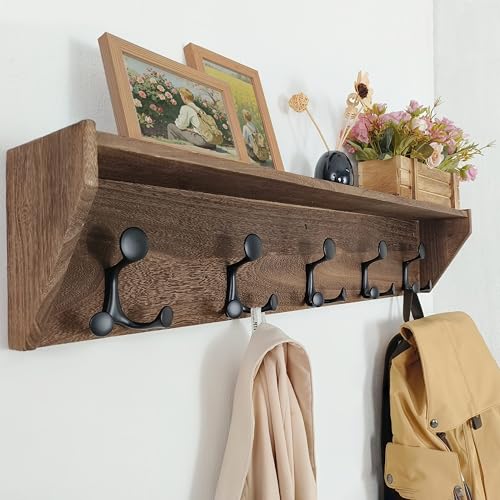 SKOLOO Wall Shelf with Hooks, 35-Inch Weathered Brown Wall Mounted Coat Rack with Shelf Organizer - Lightweight & Sturdy, 5 Tri Hooks - Perfect for Entryway, Hallway, Living Room, Bedroom, Mudroom - color: Weathered Brown, size: 35 inch with 5 hooks