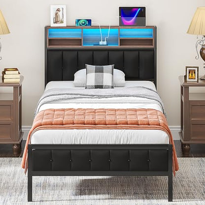 VECELO Farmhouse Metal Bed Frame Twin Size with Wooden Headboard & Footboard, Solid Platform Mattress Foundation with Storage, LED Light, Charging Station, USB Ports, Noise-Free, Easy Assembly, Black - size: Twin