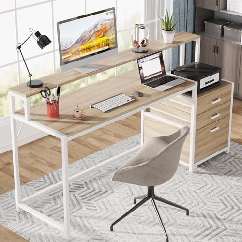 Tribesigns 63 Inch Computer Desk with File Drawer Cabinet, Home Office Desk | Ergonomic Office Desk with Monitor Stand, Industrial Computer Table with Printer Space, PC Table Workstation Desk - color: Walnut